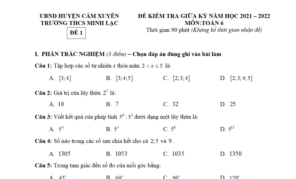 Toán 6: Đề kiểm tra giữa học kì 1. Trường THCS Minh Lạc năm học 2021-2022